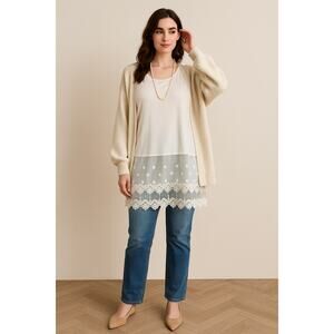 Kathleen‎ Kirkwood 2X cream Tank tunic blouse Top Lace Mesh Hem